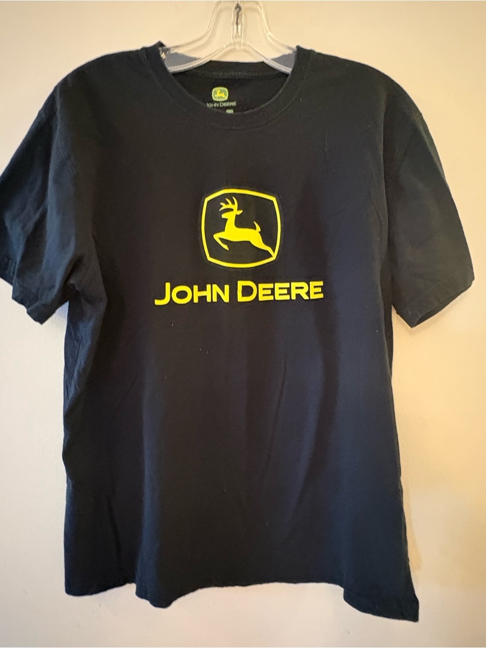John Deere Black T-Shirt with Yellow Logo, Sz L.